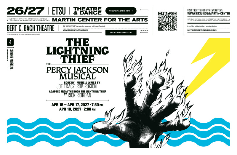 Poster for the ETSU Department of Theatre and Dance upcoming production of The Lightning Thief: The Percy Jackson Musical. The Lightning Thief: The Percy Jackson Musical runs 04/15/2027-04/18/2027.
