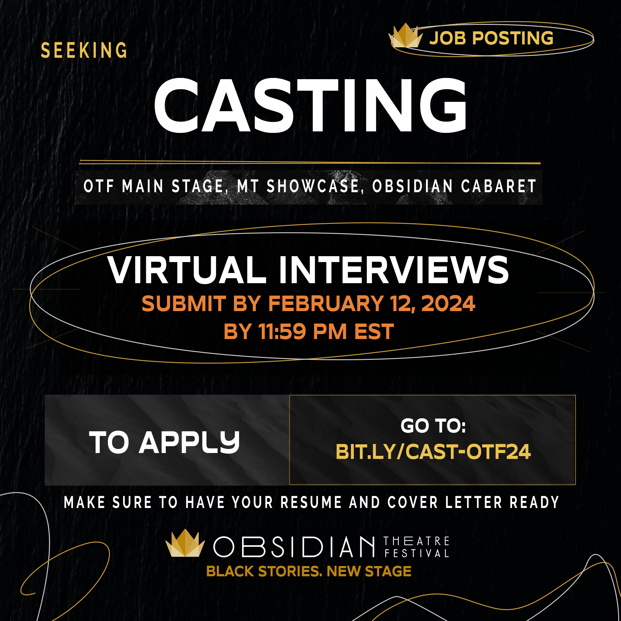 Obsidian Theatre Festival 2024 Casting Notice Graphic - Obsidian Theatre Fesitval 2024 Casting Call - Ghostlight 