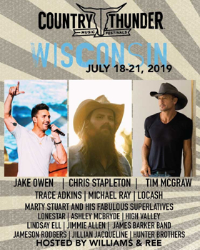 Chris Stapleton, Tim McGraw and Jake Owen to Headline 2019 Country Thunder Wisconsin 
