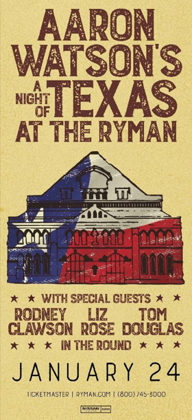 Aaron Watson Returns to the Ryman Auditorium with Rodney Clawson, Liz Rose, and Tom Douglas  Image