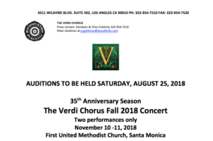 Auditions Announced for Verdi Chorus Fall Concert in Santa Monica 
