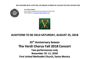 Auditions Announced for Verdi Chorus Fall Concert in Santa Monica Image