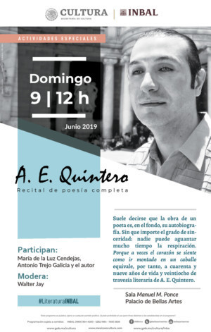 El poeta A. E. Quintero presentará su obra completa con un recital de poesía en el Palacio de Bellas Artes Image