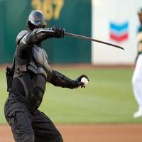 VIDEO: G.I. JOE's 'Snake Eyes' Throws Out First Pitch at Oakland Coliseum Video