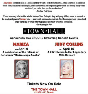 Judy Collins and Mariza Encore Streaming Concerts to be Presented by The Town Hall  Image