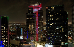 World's Tallest Digital 'Merry Christmas' Candy Cane and Santa's 'Magic City' Skyline Sleigh Fly-Over Paramount Miami Worldcenter 