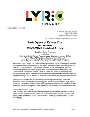 Lyric Opera Of Kansas City Announces 2022 - 2023 Resident Artists 