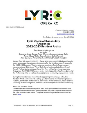 Lyric Opera Of Kansas City Announces 2022 - 2023 Resident Artists Image