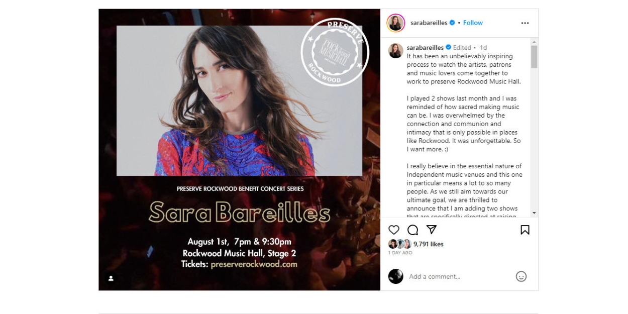 Sarah Bareilles Will Play Benefit Concerts In Order To PRESERVE ROCKWOOD MUSIC HALL 