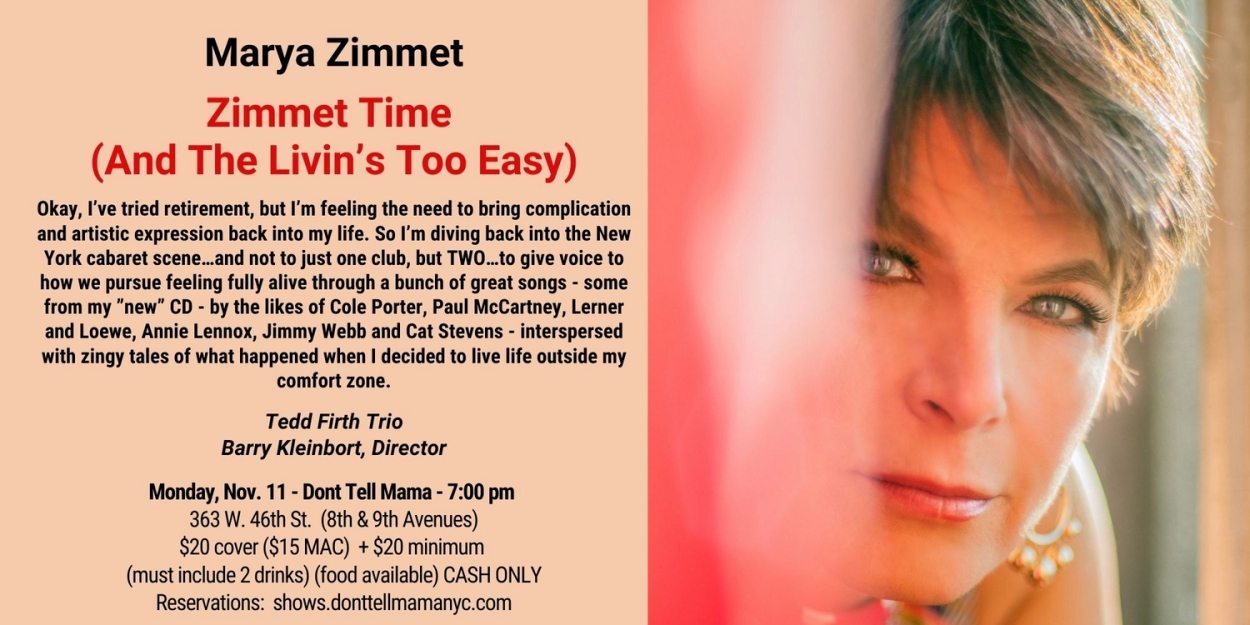 Marya Zimmet Returns to Don't Tell Mama and Pangea with ZIMMET TIME (AND THE LIVIN'S TOO EASY) In November  Image