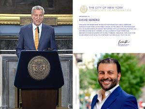 Bill De Blasio Awards David Serero With The Certificate Of Recognition From The City Of New York 