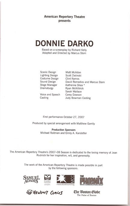 Jaystarr's 10/10 Report on DONNIE DARKO (the play) in Cambridge, MA.