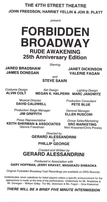 Jaystarr's 10/10 Report on Forbidden Broadway : Rude Awakening