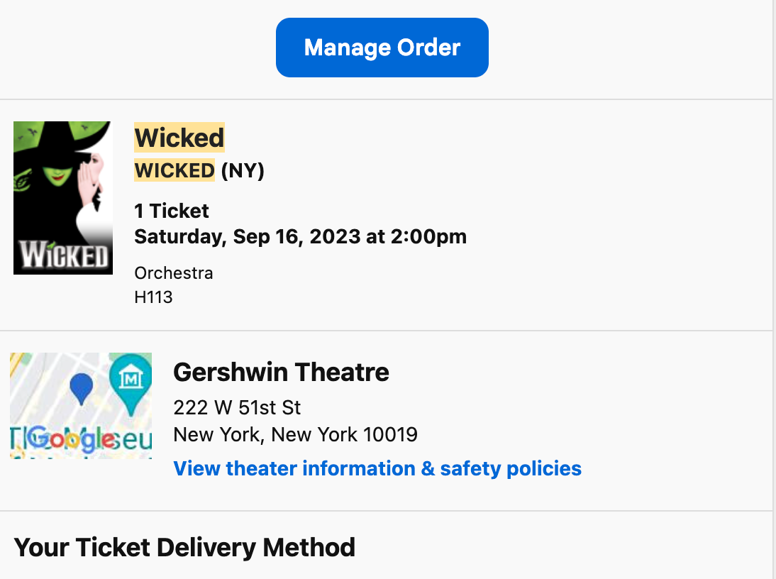 Selling ticked for Wicked on Sat 9/15 at 2pm