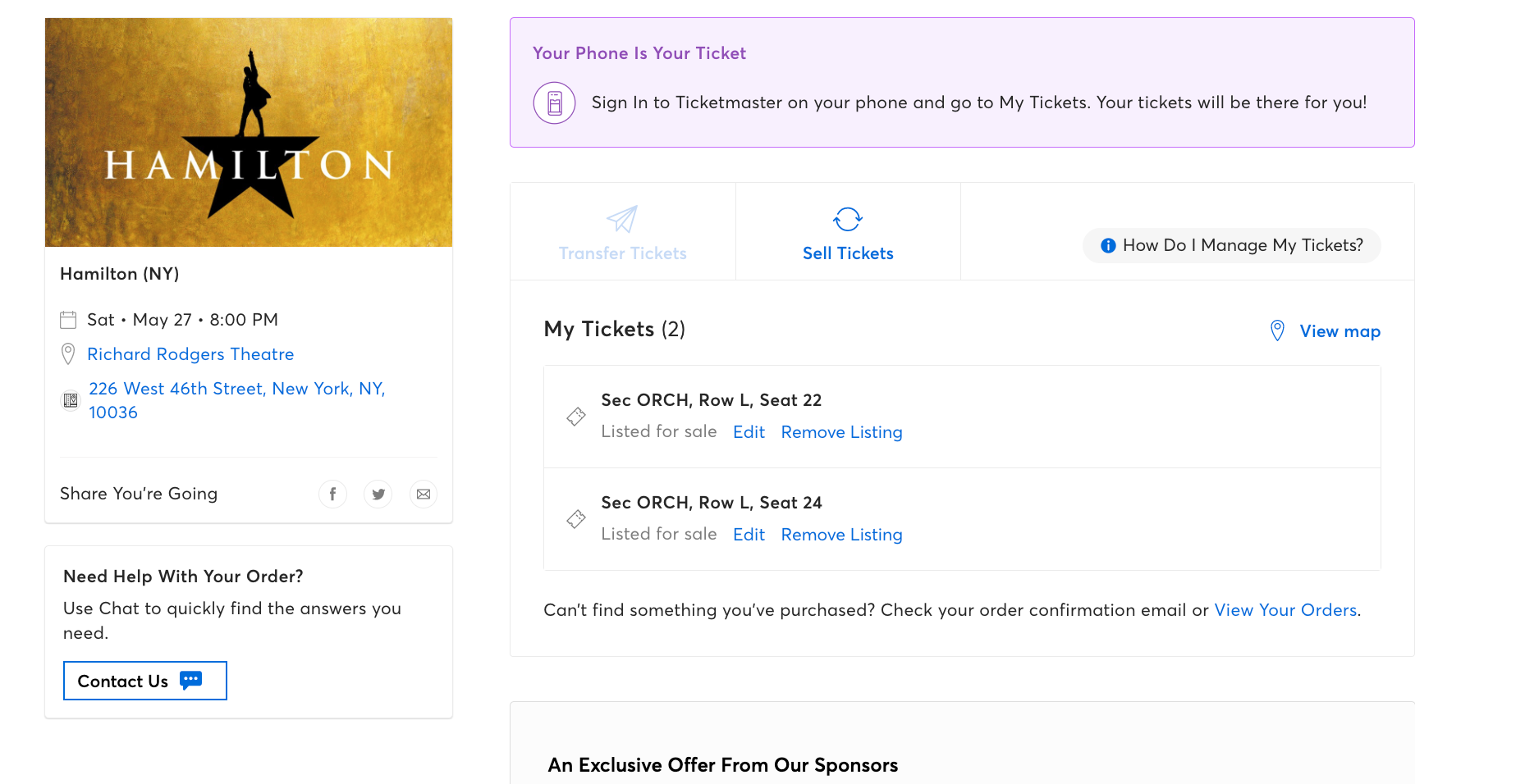 2 Hamilton Broadway Tix TONIGHT 5/27