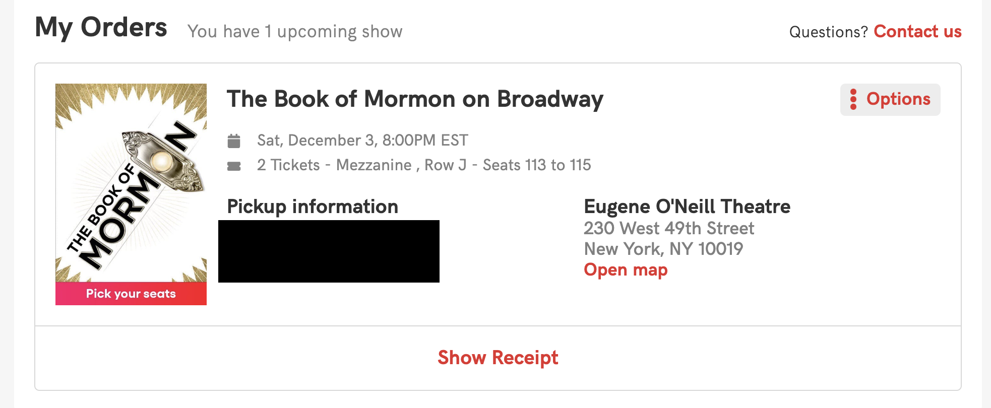 2 Tickets to Book of Mormon, 12/3 7PM. Bought wrong date.