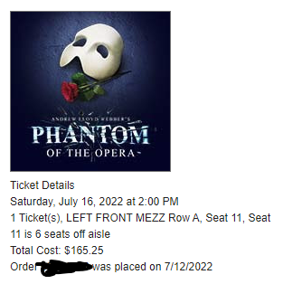 Front Mezz Phantom ticket 25% off because I'm an idiot