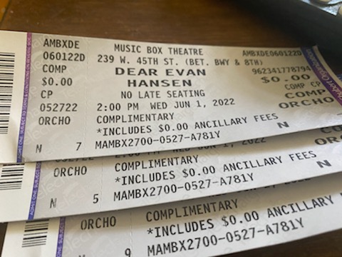 3 Orchestra Seats for Dear Evan Hansen Wed Mat 6/1  40$