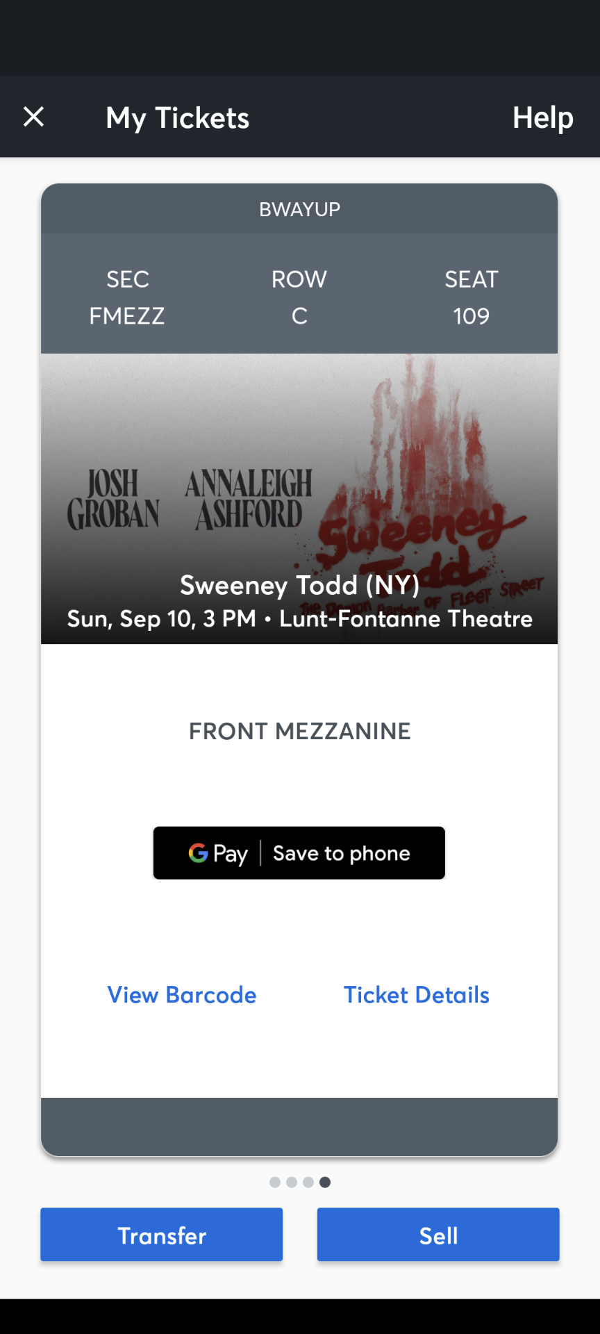 4 Tickets to Sweeney Todd 9/10 