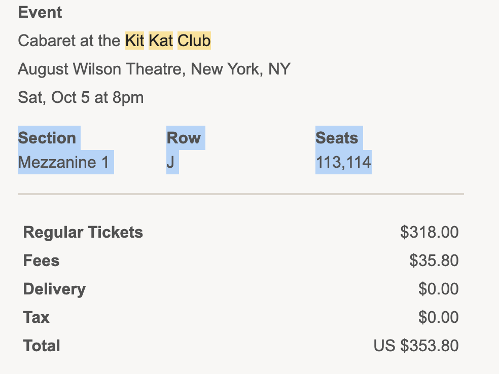 2 Tickets to Cabaret Oct 5 for $353.80 OBO