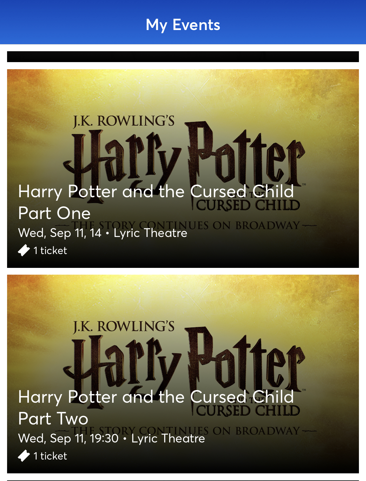 Cursed Child Parts 1&2 NYC September 11 - Face Value 5th Row!