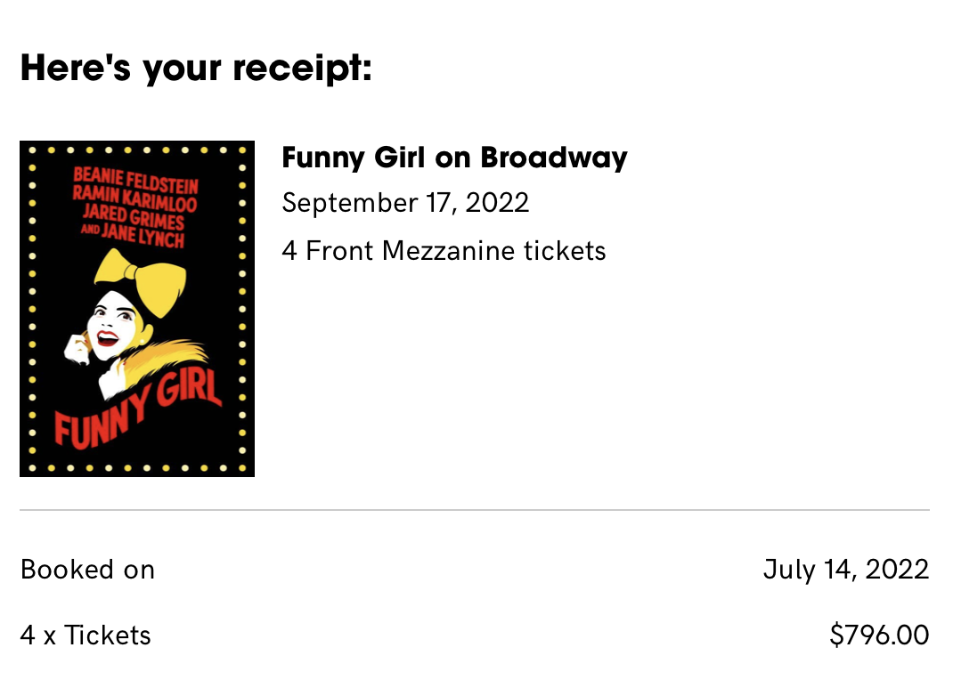 4 Tickets to FUNNY GIRL, Sat 9/17 (8pm)