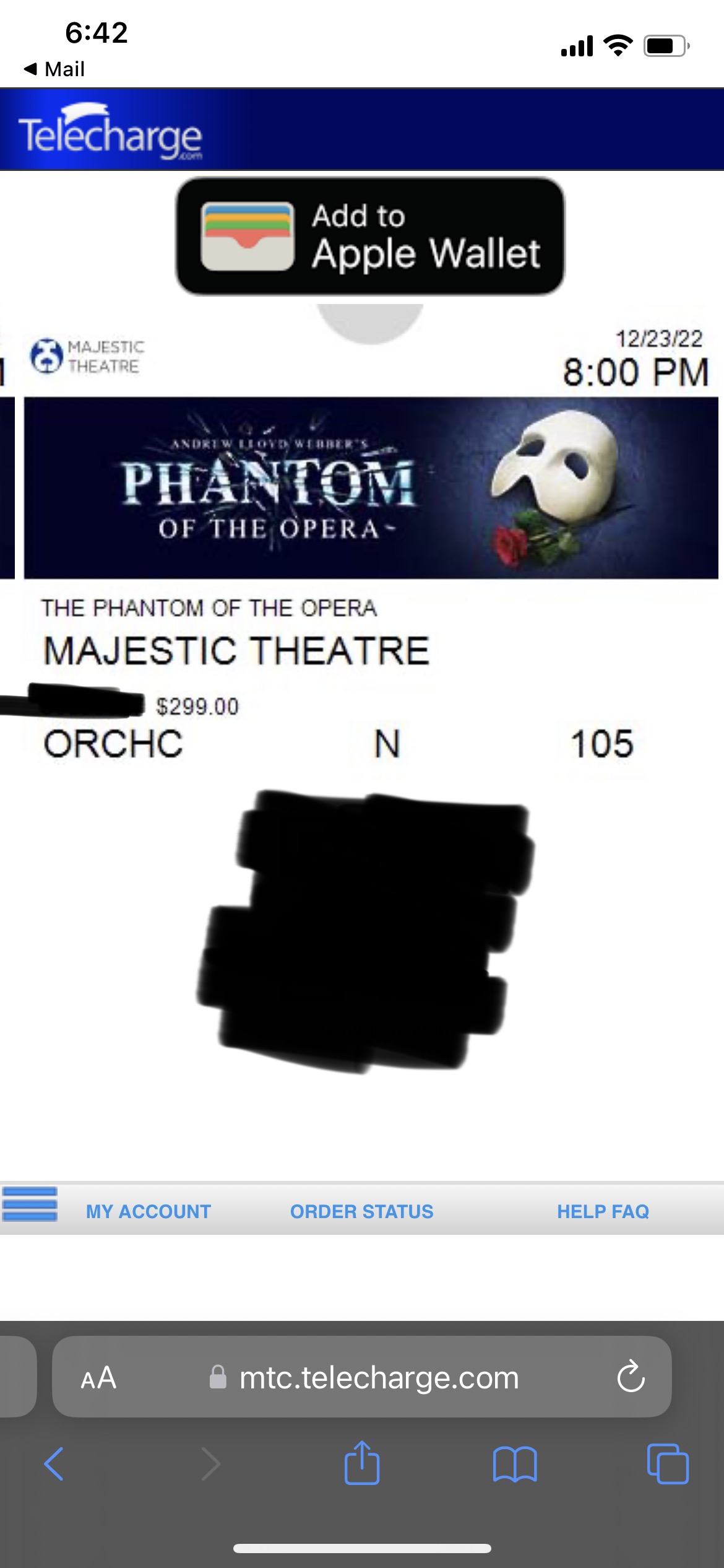 1 ticket to Phantom of the Opera on 12/23 - Sold out show