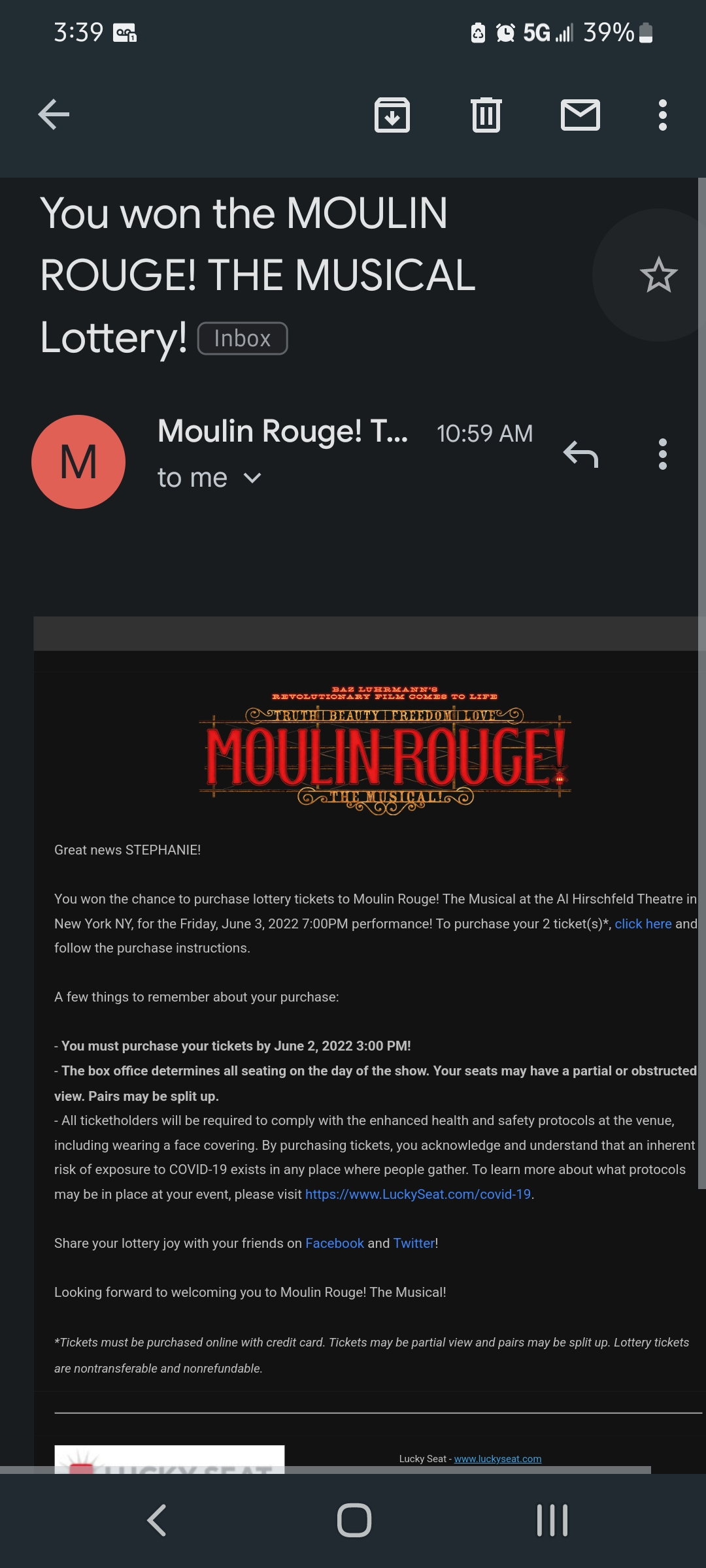 MOULIN ROUGE 2 tix for FRIDAY 6/3 $68 total