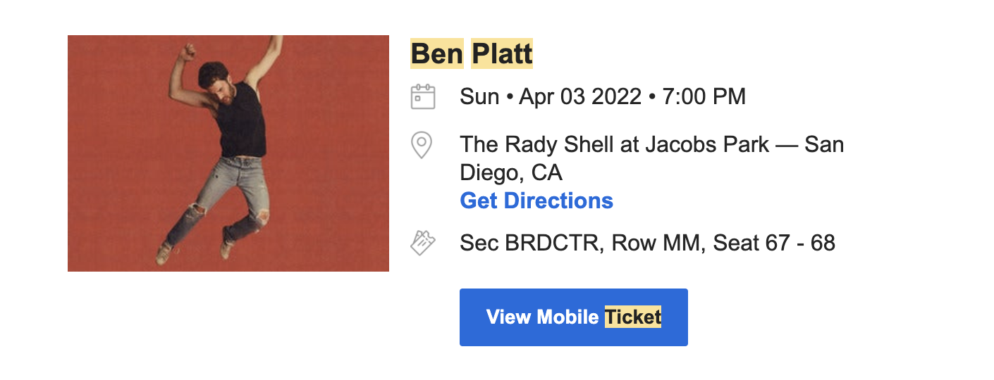 SELLING TWO BEN PLATT TICKETS - $80 (San Diego)