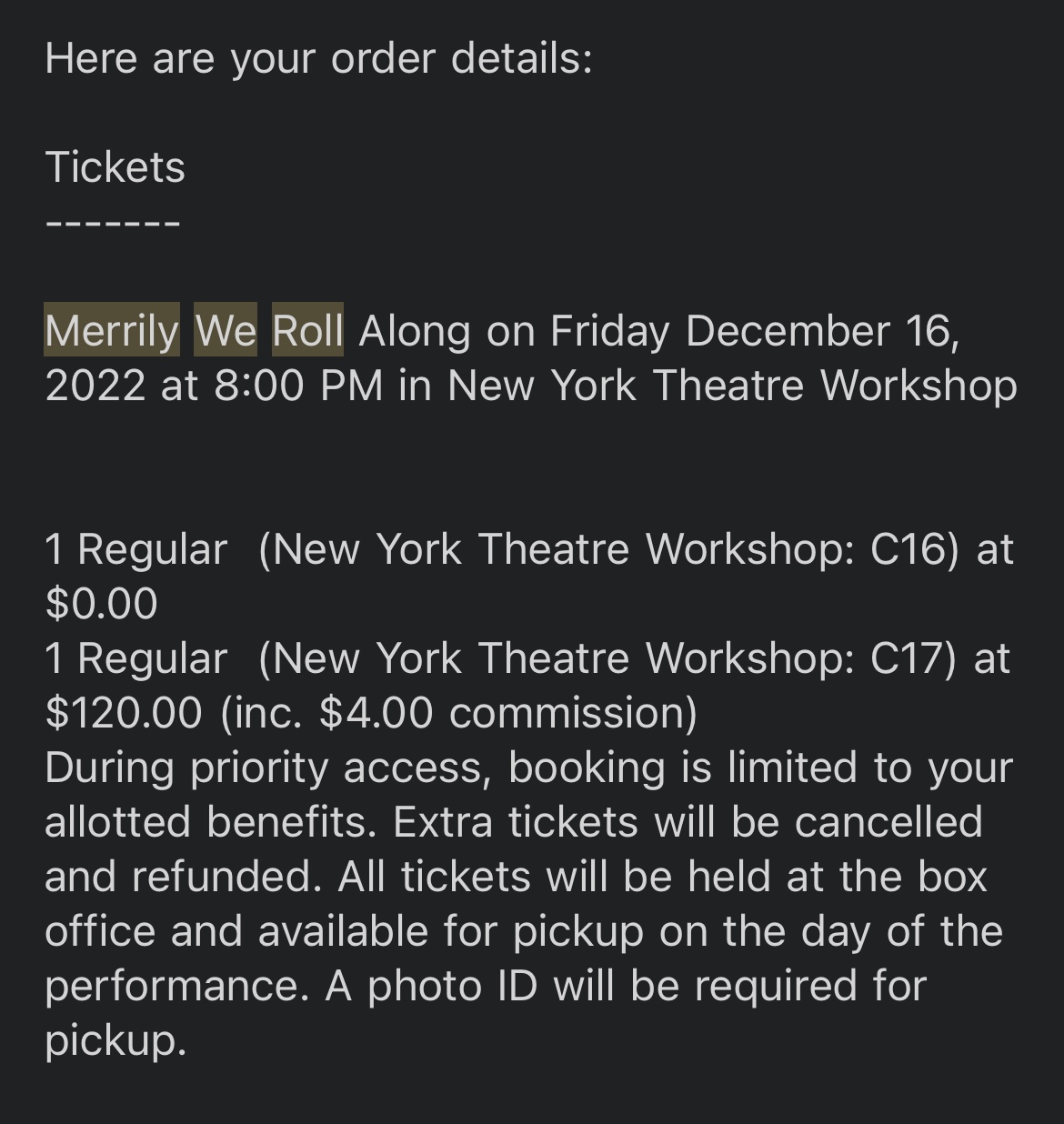 1 ticket to Merrily 12/16