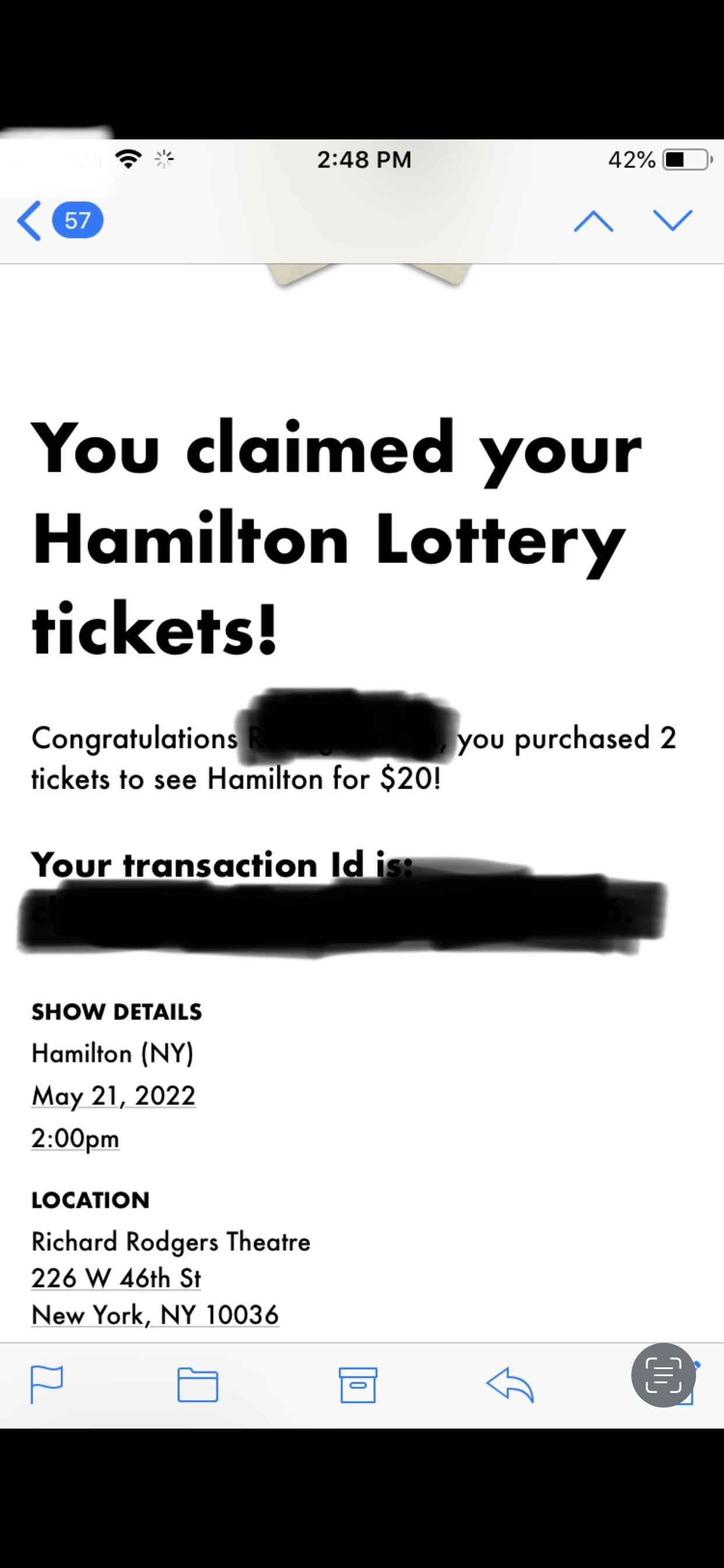 2 HAMILTON LOTTERY TICKETS TODAY 5/21 2PM ORCHESTRA ROW/SECTION A