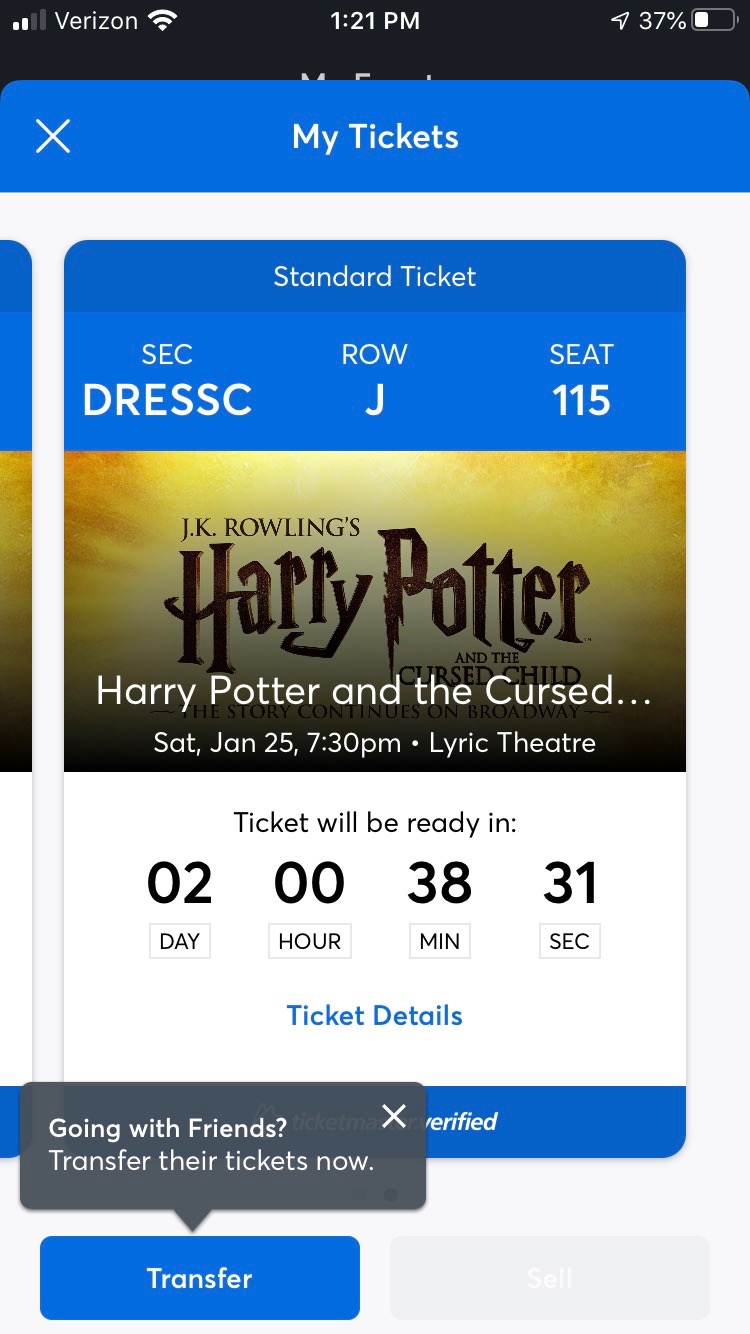 PRICE REDUCTION!! 1/25 -2 tickets to Harry Potter @ the Lyric Theatre