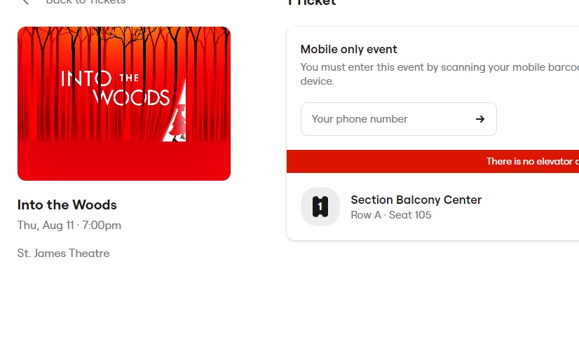 Into the Woods - Balcony Centre, Row A, Seat 105 @ 7PM 8/11