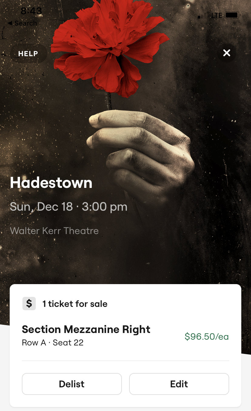 1 Ticket to Hadestown 3PM 12/18