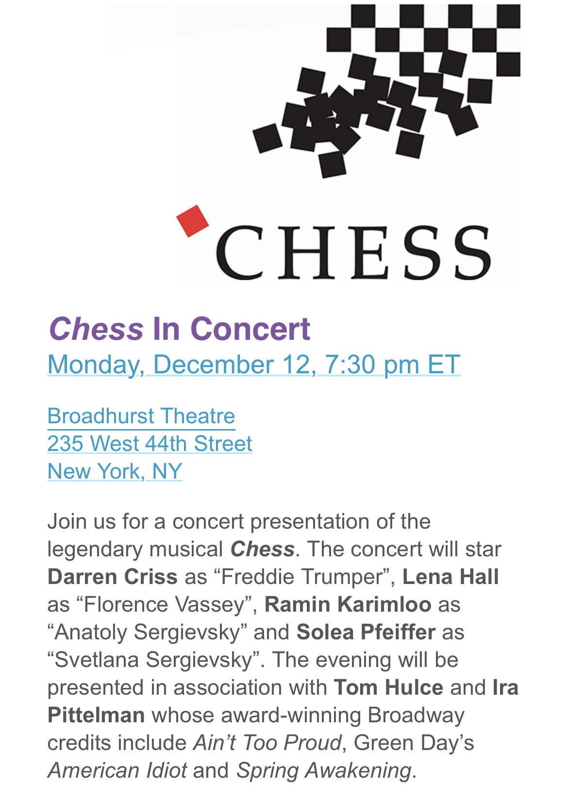 Single Ticket Available to SOLD OUT Chess in Concert 12/12 