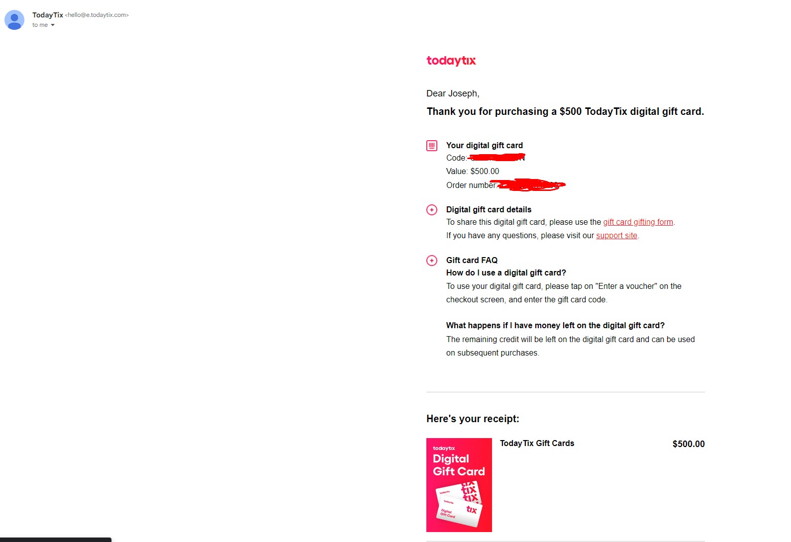 $500 TodayTix.com Gift Card
