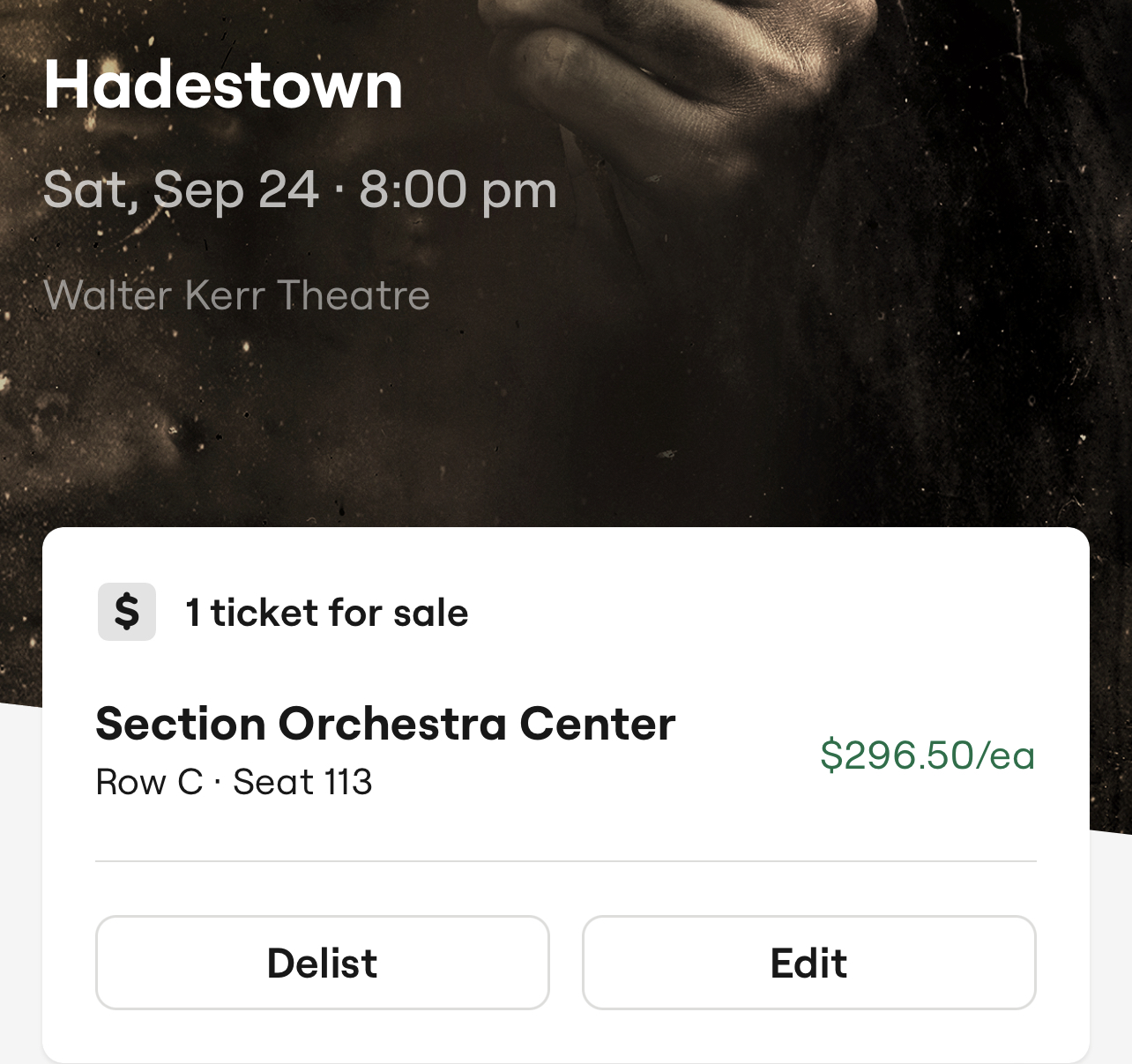 1 Hadestown Ticket Tonight - Front Row - $170