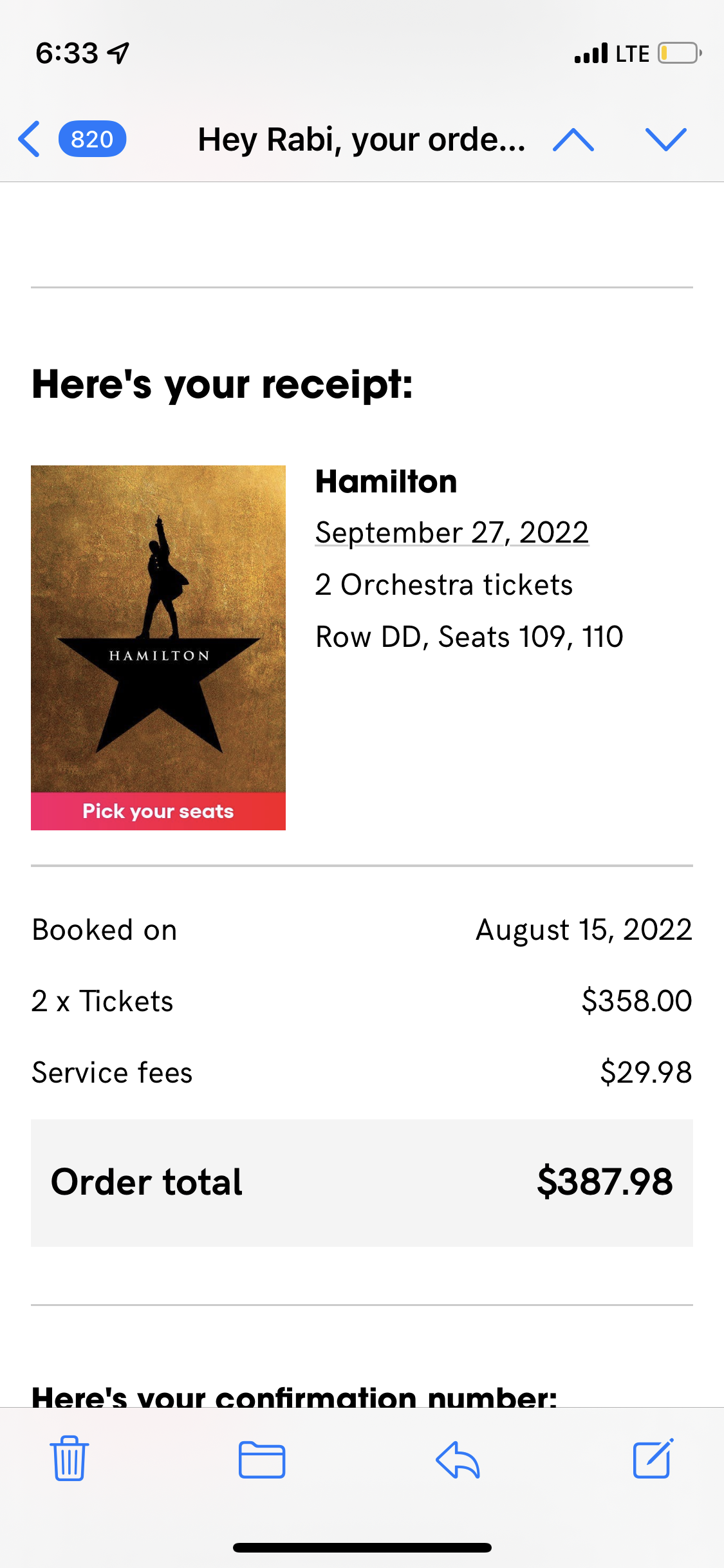 2 Tickets to Hamilton in Wash DC - Tue Sept 27, 2022