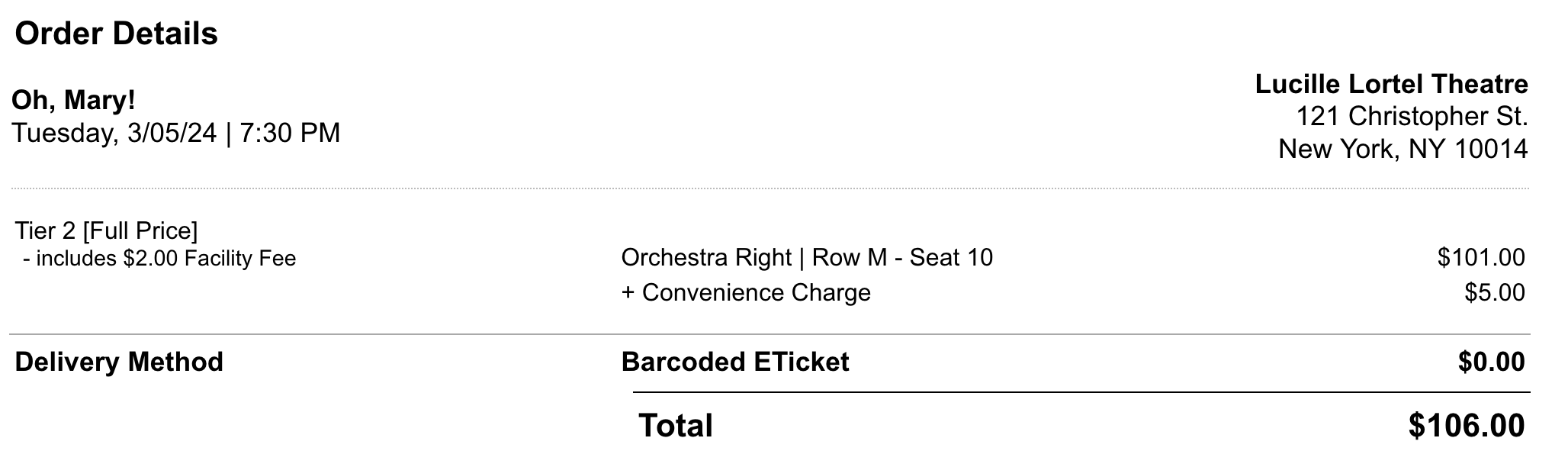 Oh Mary, Tues, March 5 , single ticket