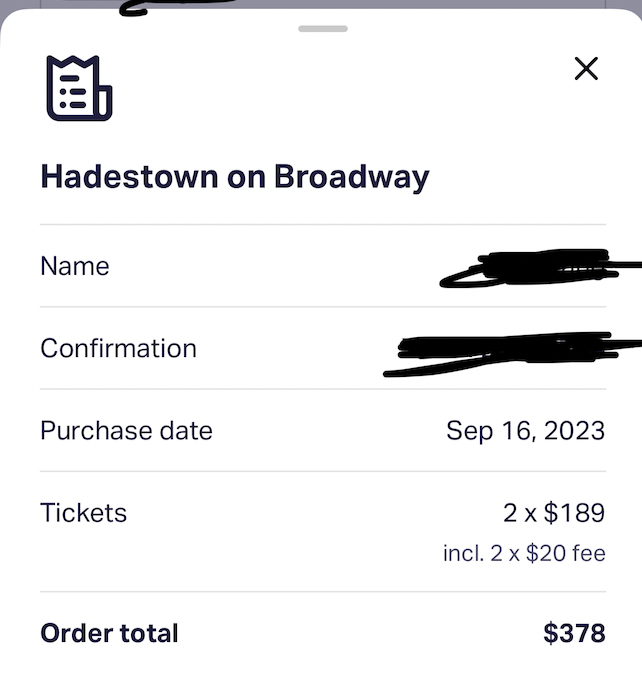 2 tix - Hadestown 12/15 at 7 pm