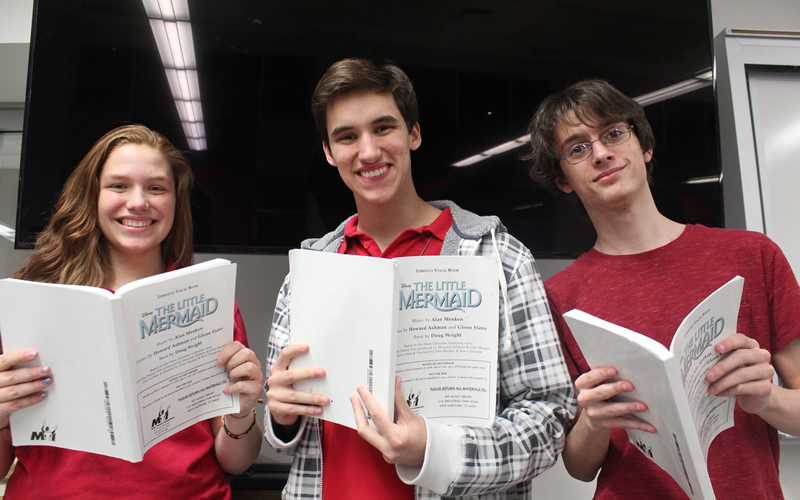 Emily DeCrotie as Ariel, Michael Kirk as Prince Eric, and John Walczyk as Grimsby.