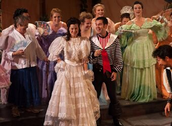 Lovers At Center Stage: Joined by the talented cast, gifted soprano Jennifer Sperry as Mabel Stanley and skilled tenor Chris Yeschenko as Fredric starred as the romantic leads in the 2014 San Pedro Theatre Club's 135th Anniversary Revival Production of Gilbert and Sullivan's 'The Pirates of Penzance'. Photo by Koop. 