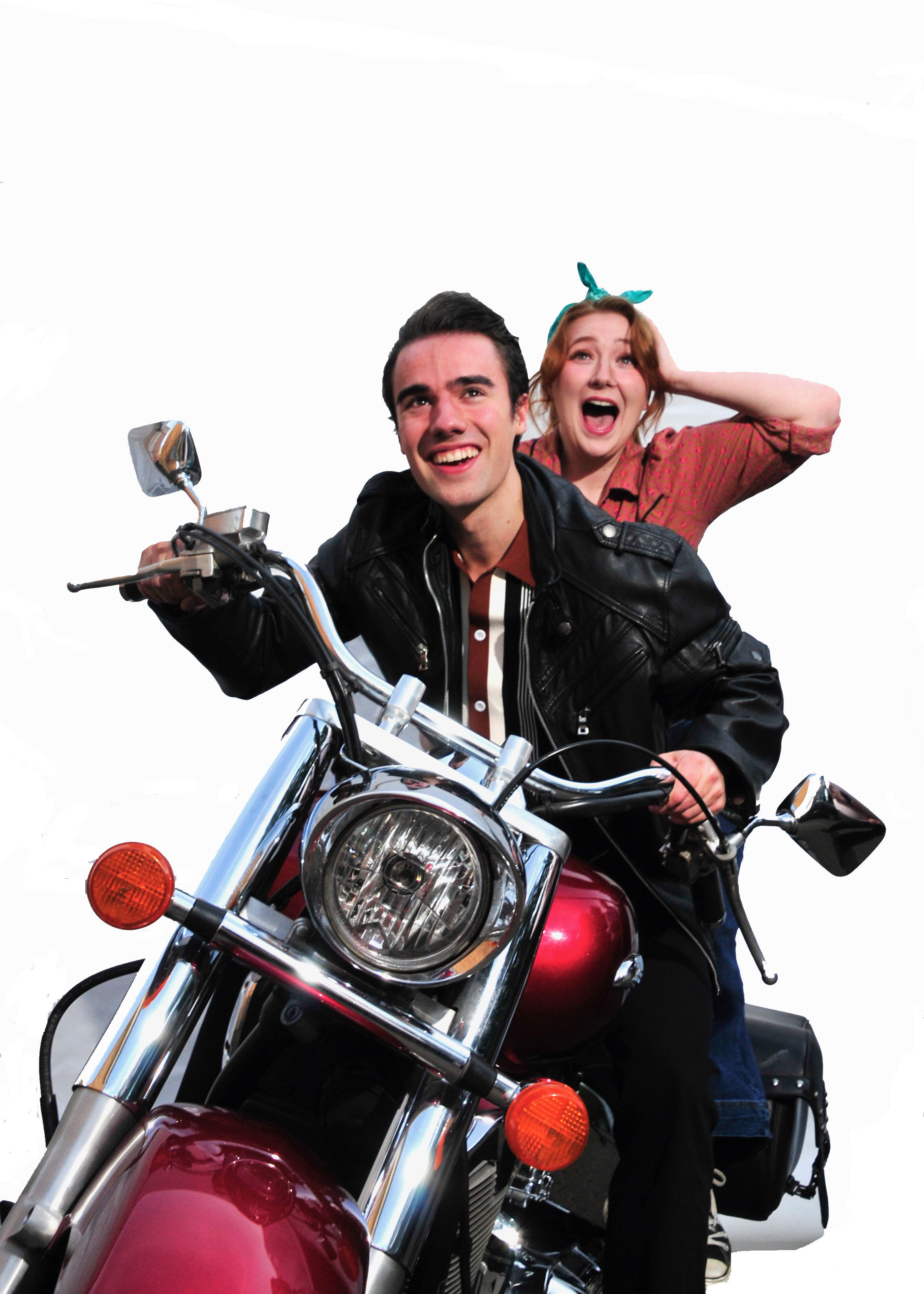 Jackson Wells-Benitez as Chad, the mysterious stranger new to town and Sam Holden Natalie Haller, a young mechanic in the musical All Shook Up playing at Lakewood Theatre Company, located at 368 S. St