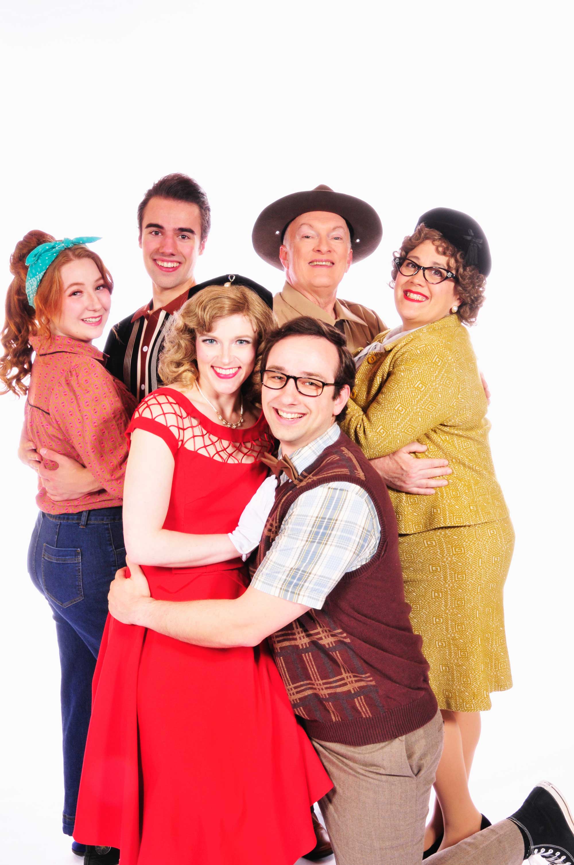 Sam Holden, Jackson Wells-Benitez, Kylie Jenifer Rose, Danny Caputo (the Sheriff), Melissa Standley, and Joseph Cannon in the musical All Shook Up playing at Lakewood Theatre Company, located at 368 S