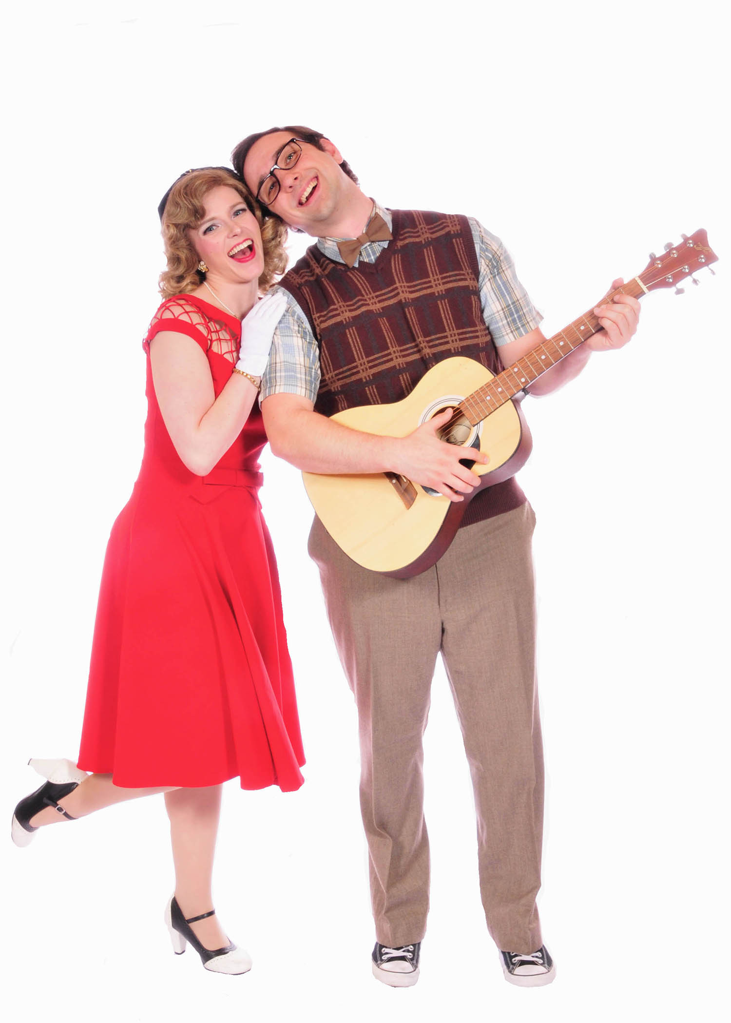 Kylie Jenifer Rose as Miss Sandra, the stunning museum owner, and Joseph Cannon as Dennis in the musical All Shook Up playing at Lakewood Theatre Company, located at 368 S. State Street, Lake Oswego, 