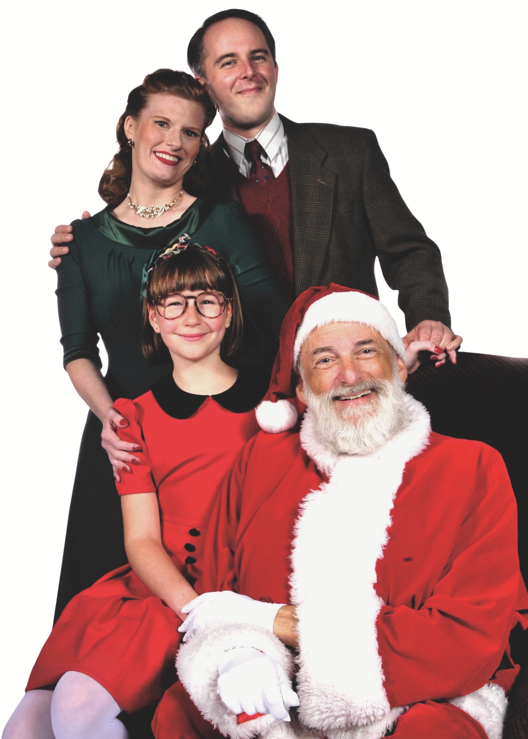 Miracle on 34th Street, the Play at Lakewood Theatre Company Nov. 7 - Dec. 14, 2025. Web: www.lakewood-center.org Pictured (left to right): Georgia Krugel, Ariel Puls, Conor Eifler, and Robert Lovit