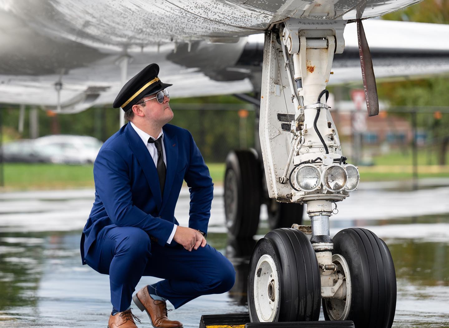 Masquerading as a Pan Am pilot, Frank Abagnale, Jr. (Brett Stockman) inspects a plane. Photo courtesy of Alan Price Photography.