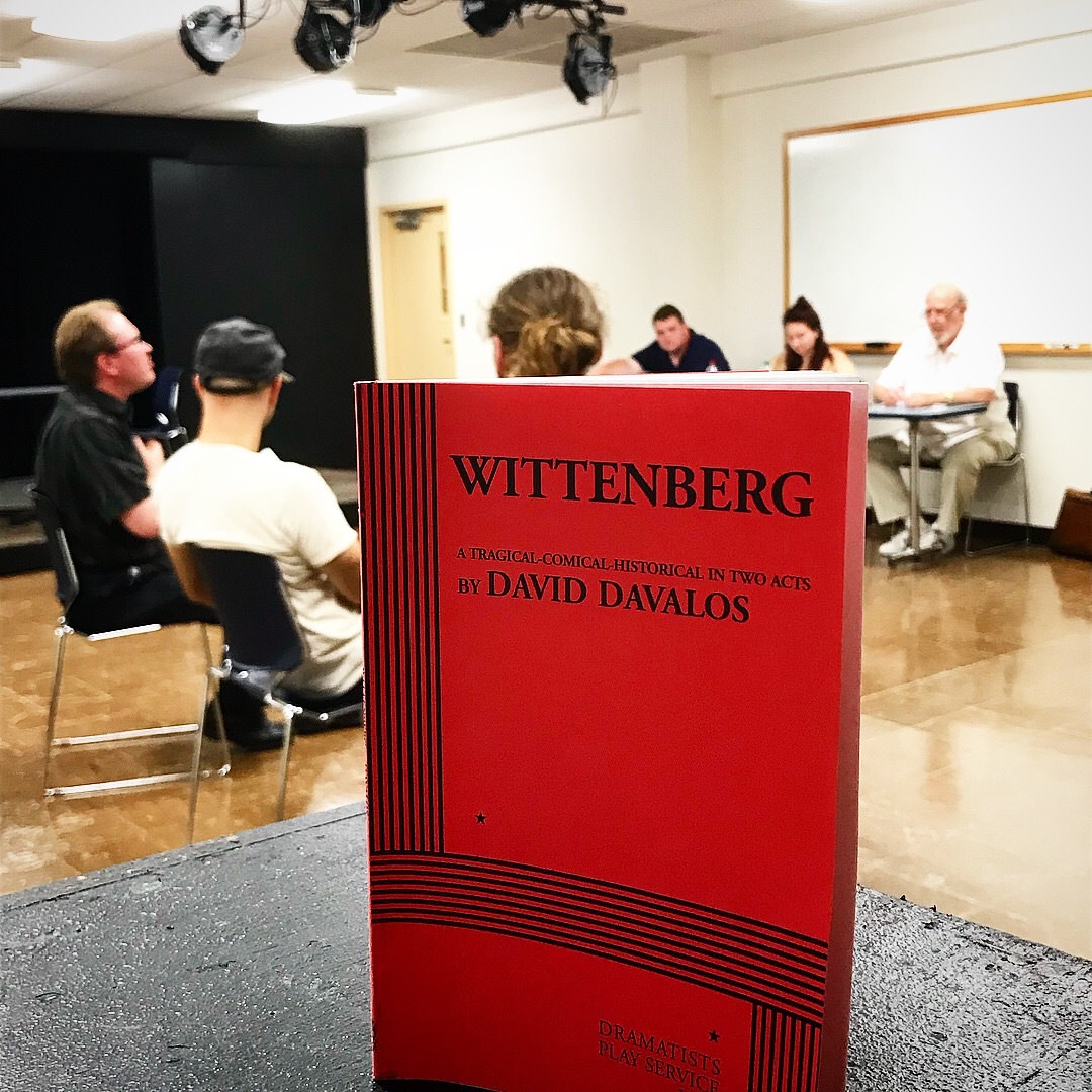 The script of WITTENBERG by David Davalos, looms over the cast during the first days of rehearsal. Photo by Dalton Hahn.