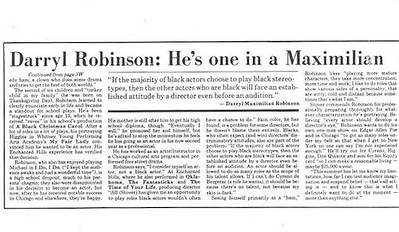PART TWO OF DARRYL MAXIMILIAN ROBINSON'S SUMMER STOCK ACTING AWARD!: Chicago-born and stage-trained actor and play director Darryl Maximilian Robinson concludes his interview on the occasion of his receiving the 1981 Fort Wayne News-Sentinel Reviewer's Recognition Award for Outstanding Thespian of the Season for his performances at Enchanted Hills Playhouse of Syracuse, Indiana. 