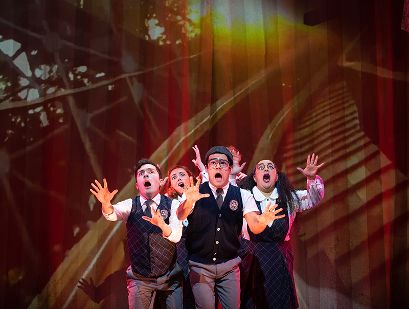 (l to r) Nick Martinez (Noel Gruber), Shinah Hey (Ocean O’Connell Rosenberg), Matthew Boyd Snyder (Ricky Potts), and Gabrielle Dominique (Constance Blackwood) in Ride the Cyclone running January 13 through February 19 at Arena Stage at the Mead Center for American Theater. Photo by Margot Schulman.